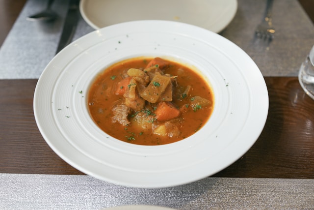 Single serving of beef stew on white plate