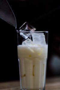 Traditional glass of Namkeen Lassi garnished with mint leaves, iced and cumin
