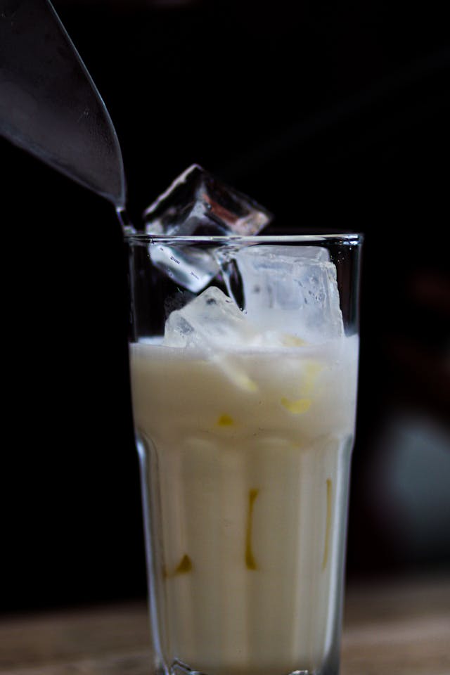 Traditional glass of Namkeen Lassi garnished with mint leaves, iced and cumin