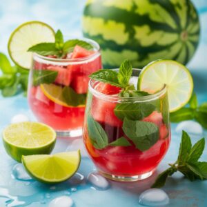 Two elegant tall glasses filled with bright red watermelon mojito mocktail, fresh mint sprigs, lime wheels, ice cubes, condensation on glass, placed on a rattan coaster, soft natural light, refreshing summer drink.