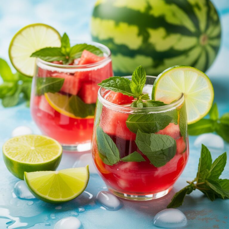 Two elegant tall glasses filled with bright red watermelon mojito mocktail, fresh mint sprigs, lime wheels, ice cubes, condensation on glass, placed on a rattan coaster, soft natural light, refreshing summer drink.