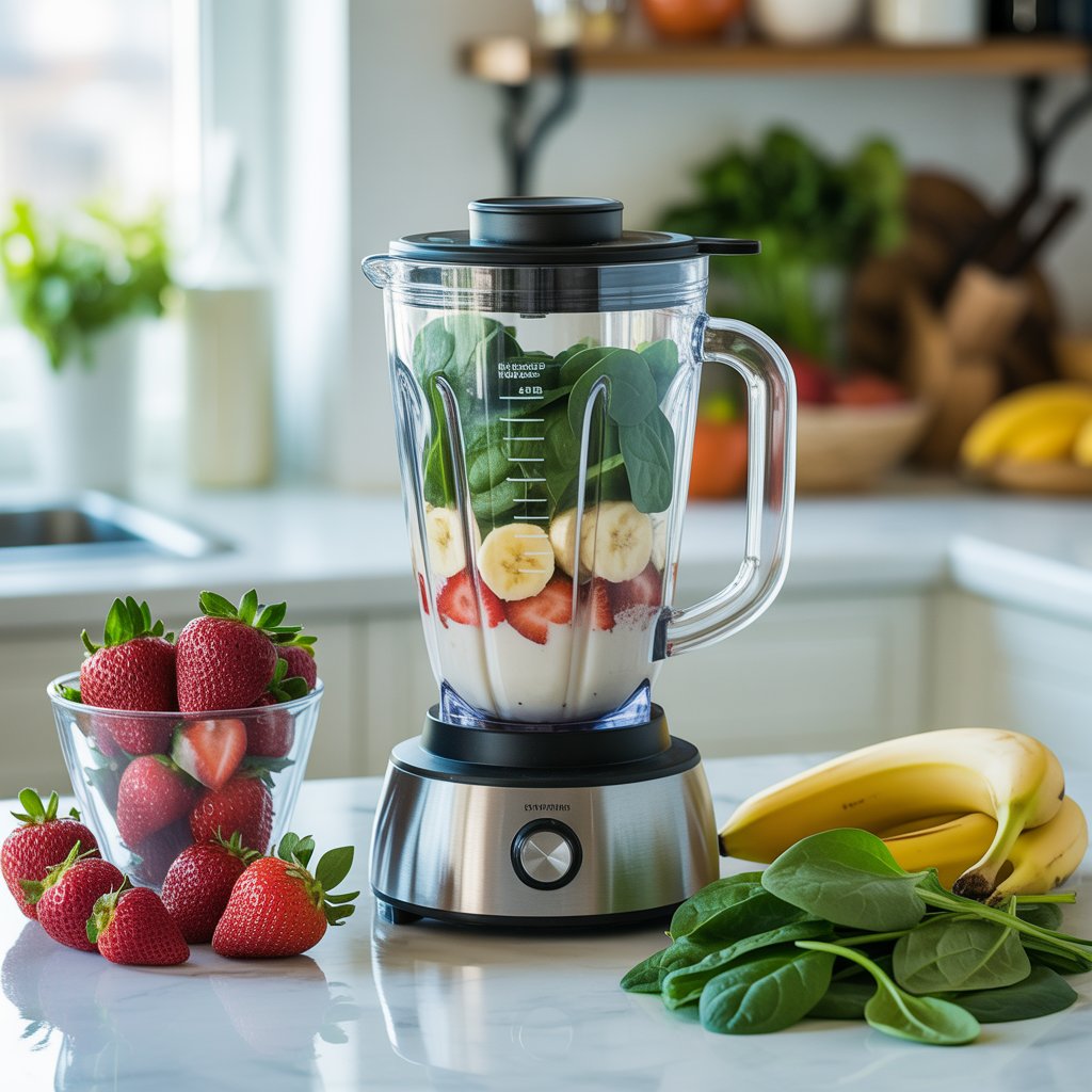 Smoothie ingredients added to blender before mixing