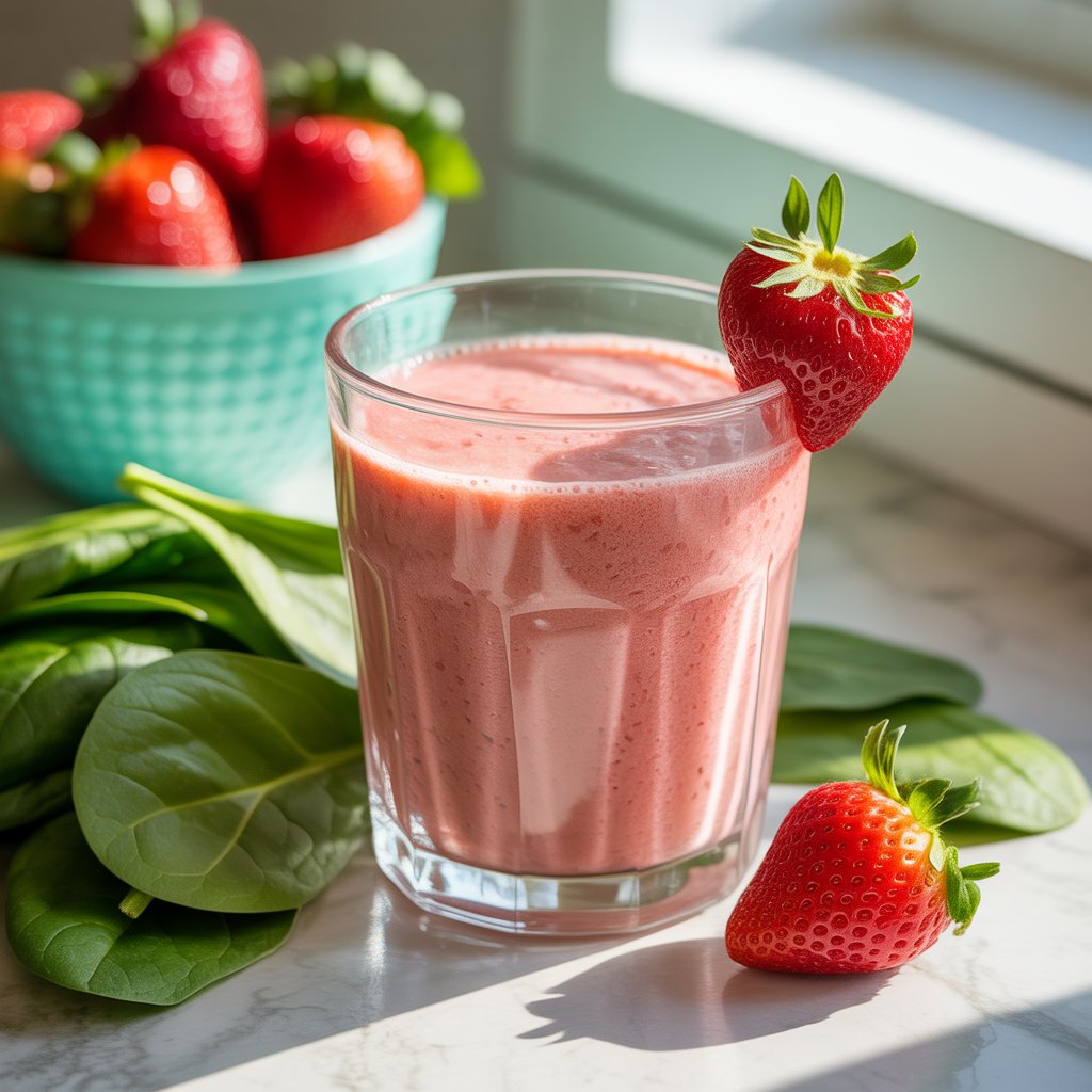 Fresh strawberry spinach smoothie for weight loss in a glass jar