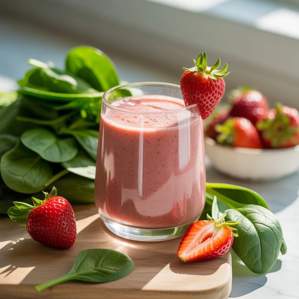 Fresh strawberry spinach smoothie for weight loss in a glass jar