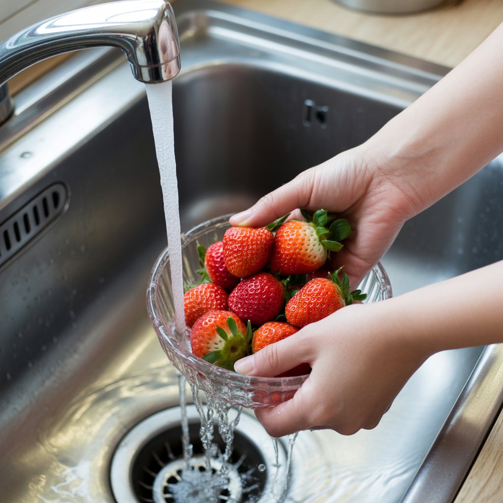 Fresh strawberries being washed and prepared for smoothie