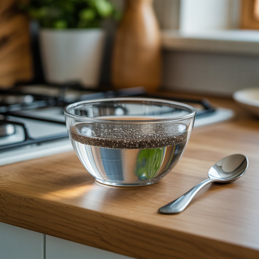 Chia seeds soaking in water before making smoothie