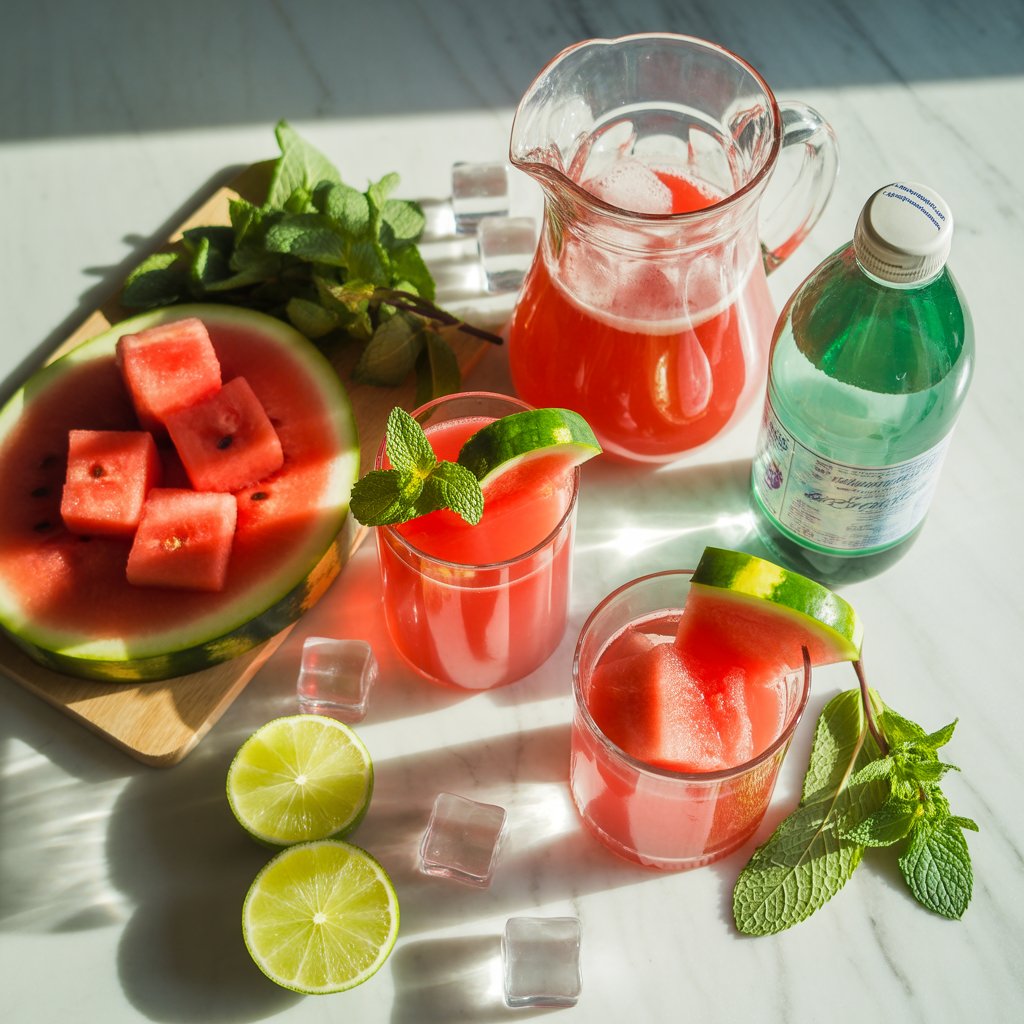 Fresh watermelon chunks, green mint leaves, lime wedges, crushed ice, and a glass pitcher on a wooden kitchen counter, natural daylight, top-down view.