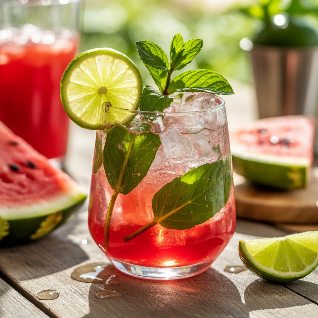 Hand holding a tray with two glasses of watermelon mint mojito mocktail, garnished with mint and lime, sunny outdoor setting, summer serving style.