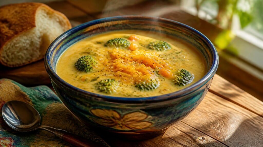 Creamy broccoli cheddar soup served in a bread bowl with fresh broccoli florets