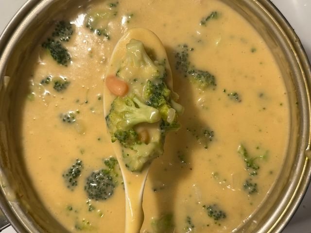 Recipe card for easy broccoli cheddar soup with ingredients and instructions